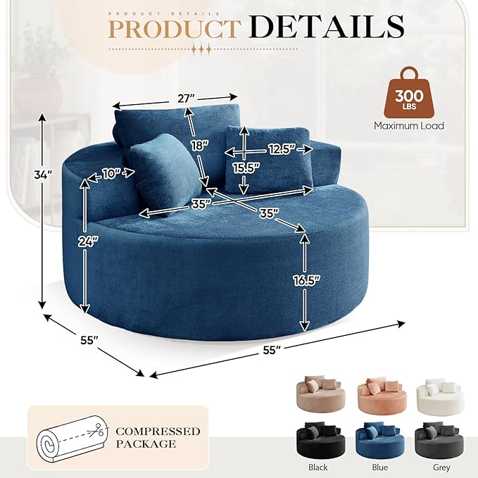 Modern Round Accent Sofa Chair for Living Room Upholstered Soft Terrycloth Barrel Lounge Arm Chair with Large seat&ampThrow Pillows for Bedroom Office Apartment Blue