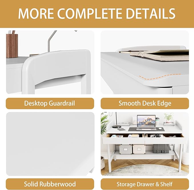 100% Solid Wood Desk with Drawers - 40 Inch Simple Modern Desks Writing Desk with Drawers &amp Shelf Work Study Table Adjustable Height Home Office Computer Desks - White