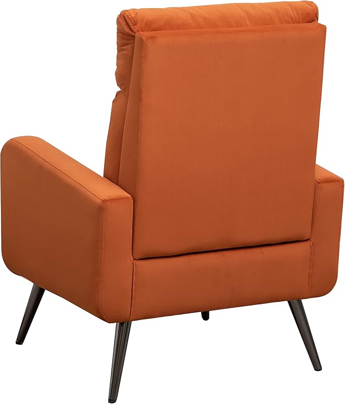 Velvet Accent Chair Modern Living Room Armchair Bedroom Dorm Reading Reception Room Comfort Upholstered Sofa Chair Black Metal Legs Orange