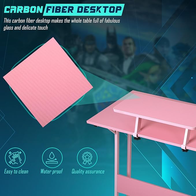L Shaped Gaming Desk Computer Corner Desk PC Gaming Desk Table with Large Monitor Riser Stand for Home Office Sturdy Writing WorkstationPink