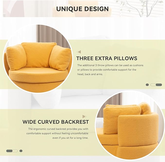 FOXHUNTER Swivel Barrel Chair 360 Degree Swivel Round Storage Chair with 3 Pillows Oversize Teddy Swivel Accent Chair Comfy Single Sofa Chair for Nursery Living Room Bedroom (Yellow)