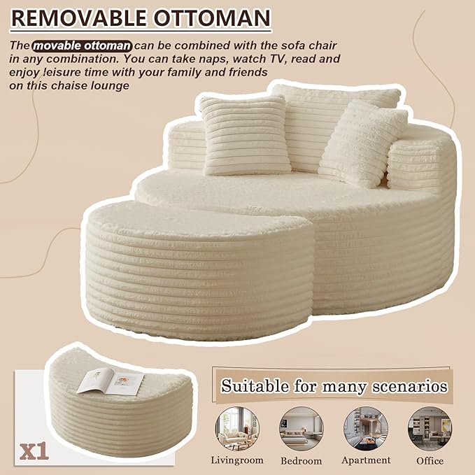 55''W Oversized Round Lounge Chair with Ottoman Modern Corduroy Accent Chair Upholstered Boneless Deep Seat for Living Room or Bedroom No Assembly Required (Corduroy White)