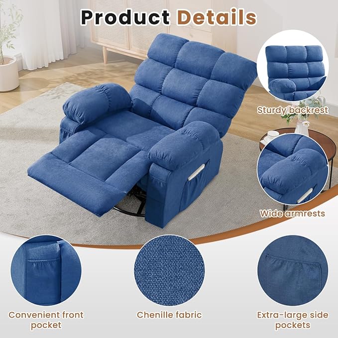 Swivel Rocker Recliner Chair for Adults 360° Upholstered Manual Recliners for Small Spaces Single Seat Glider Reclining Chair with Side Pockets Ergonomic Reading Chair for Living Room RV Bedroom