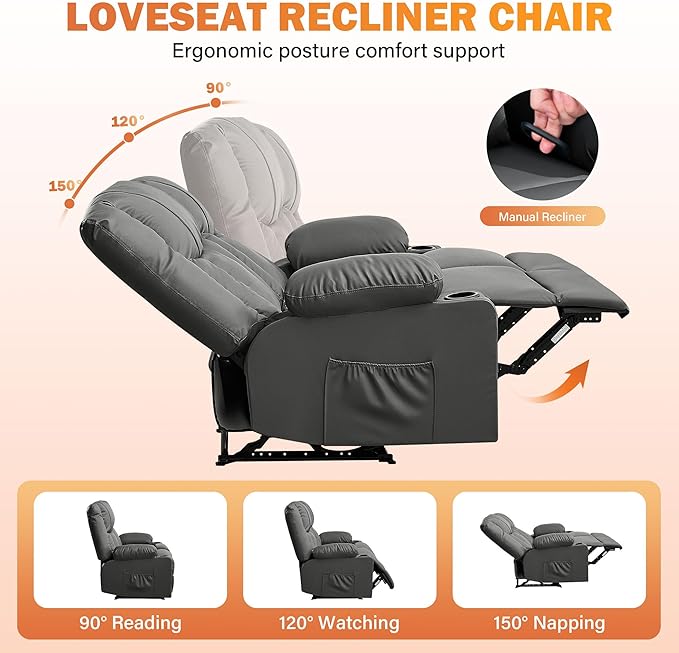 Grey Leather Reclining Loveseat with Massage/Heat/Pillow/USB/Cup Holders Oversized Loveseat Recliner for Living Room Manual Reclining Sofa for Adults 700 Lbs Capacity (Grey)