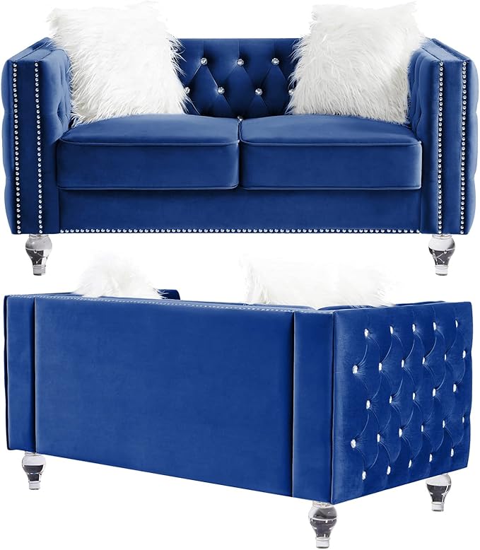 mikibama Velvet Loveseat with Buttons and Square Arms 59 Inch Tufted Sofa with Trimmed Nailhead and Acrylic Legs Loveseat Couch for Living RoomBedroom (Navy Blue-Crystal Legs Loveseat)