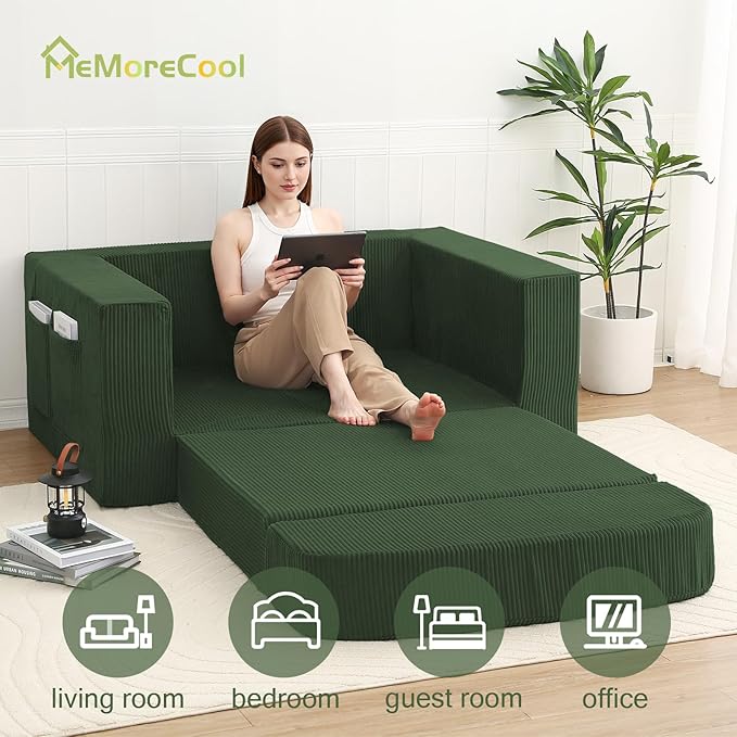 MeMoreCool Green Corduroy Fold-Out Loveseat Sofa Bed – Boneless Convertible Floor Couch with Foam Compact Sleeper Futon with Washable Cover No Assembly Required for Small Spaces &amp Bedroom