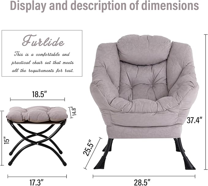 Lazy Chair with Ottoman Modern Chair with Folding Footrest Lounge Accent Chair Comfortable Reading Chair Oversized Armchairs for Bedroom Study Living Room Courtyard (Light Grey)