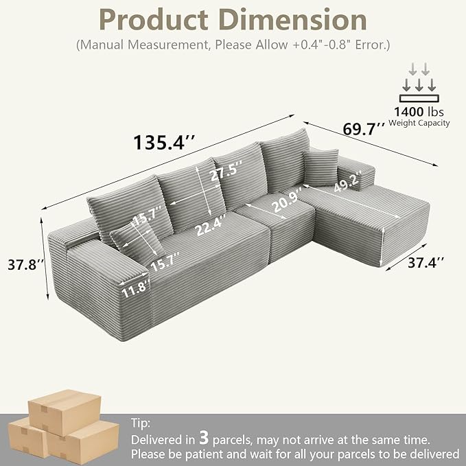 135 Cloud Sectional Couch with L-Shape Chaise Modern Modular Comfy Sofa Chaise Longue Upholstered Corduroy Couches Sleeper with Deep Seat for Living Room Bedroom No Assembly Required Grey