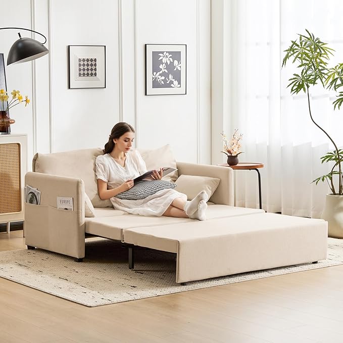 Furnimart 62 Queen Sleeper Sofa 3 in 1 Convertible Loveseat Sleeper Pull Out Sofa Bed with 6-Position Adjustable Backrest Modern Futon Couch for Living Room Apartment RV Linen Beige
