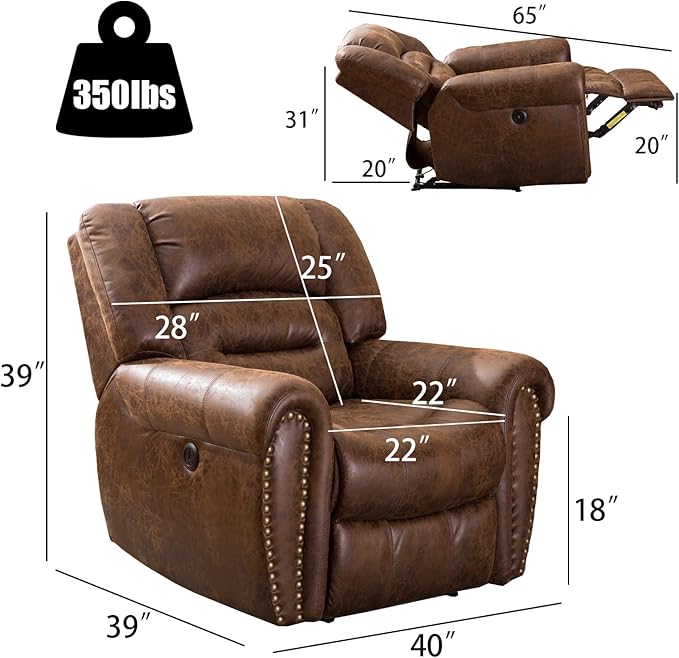 ANJ Electric Recliner Chair W/Breathable Bonded Leather Classic Single Sofa Home Theater Recliner Seating W/USB Port (Nut Brown)