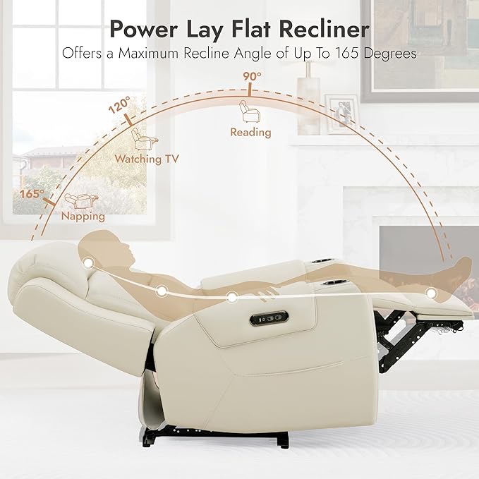 Watson &amp Whitely Genuine Leather Power Recliner Chairs for Adults Lay Flat Recliner with Power Headrest USB Ports and Cup Holders Electric Reclining Sofa for Living Room Bedroom Cream