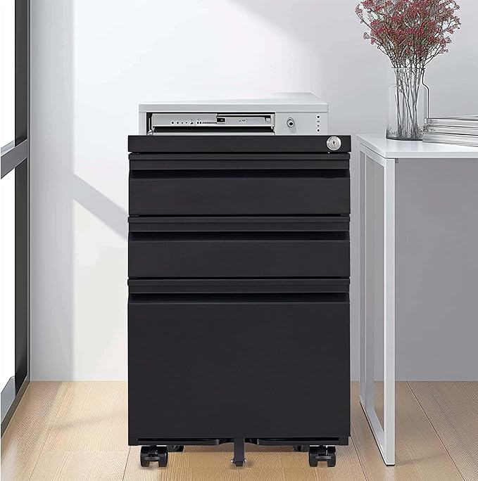 Fully Assembled Mobile File Cabinet with Lock 3 Drawer Metal Filing Cabinets with Lockable Wheels Under Desk for Home Office Organizer Letters/Legal/A4Black
