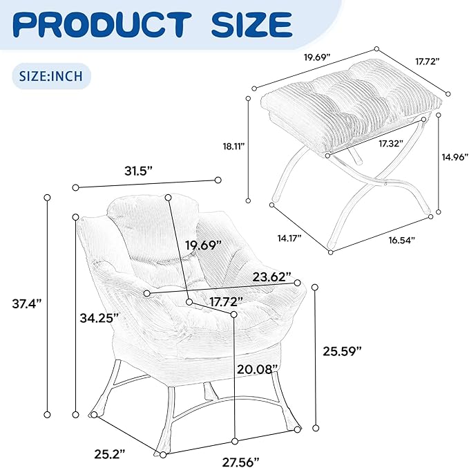 Lazy Chair with Ottoman &amp Storage Pocket Reading Chair for Bedroom Living Room Small Space Comfy Lounge Chairs Steel Frame Oversized Ergonomic Corduroy (Navy Blue)