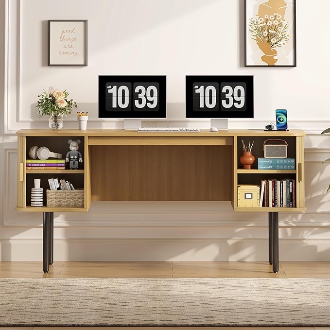 ONBRILL 63 Inch Fluted Computer Desk with Charging Station Mid Century Executive Desk with 2 Storage Cabinets Modern Home Office Large Desk with Metal Legs for Working Studying Writing Oak