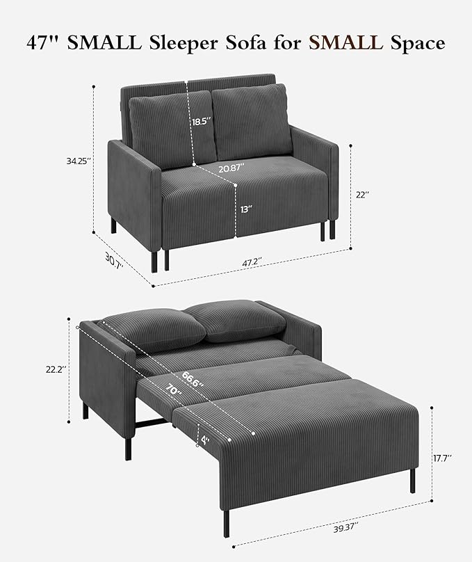 Corduroy Convertible Sofa Bed 47 Loveseat Sleeper Sofa Pull out Couch 618lbs Capacity Modern Sleeper Couch Bed 2 Fluffy Pillows Included Small Couches for Small Spaces/Apartment/Office Grey