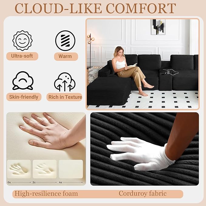 150 Oversized U-Shaped Sectional Sofa Deep Seat Boneless Cloud Corduroy Couch with Cup Holders USB Ports Wireless Charging &amp Storage Box Upholstered Modular Sleeper Sofa for Living Room Blac