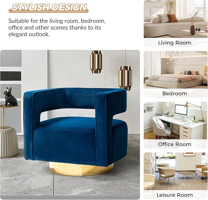 TINA'S HOME Swivel Accent Barrel Chair Modern Velvet Armchair with 3D Curved Open Back &amp Swivel Gold Metal Base Upholstered Club Chair for Living Room Bedroom Nursery Navy(No Assembly Required)