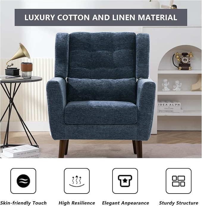 Modern Accent ChairsUpholstered Arm Chairs with PillowMid Century Sofa Chairs with Chenille FabricComfy Reading Chair for Living RoomBedroom (Blue Set of 2)