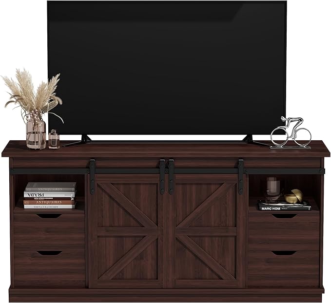 JUMMICO TV Stand with 4 Drawers for 65 Inch TV Farmhouse Entertainment Center with Storage and Sliding Barn Doors Rustic Media TV Console Cabinet with Shelves for Living Room Bedroom (Rustic Oak)