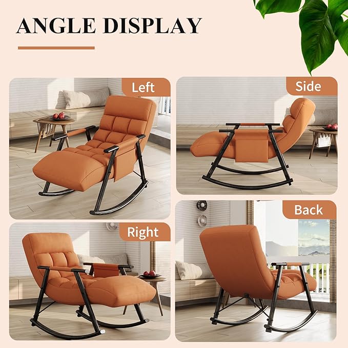 NIOIIKIT Nursery Rocking Chair Velvet Upholstered Rocker Chair with Adjustable Back&ampFootrest Reclining Glider Chair with Side Pocket Tufted Glider Rocker Armchair for Living Room (Orange Velve