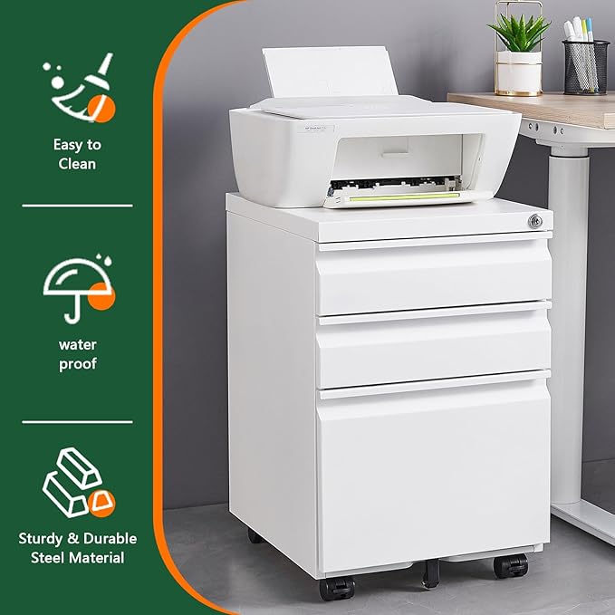 File Cabinet 3 Drawers on Wheels Under Desk White Metal Rolling File Cabinets with Lock for Home Office Un-Assembled Filing Cabinet with Lock (3-Drawer White)