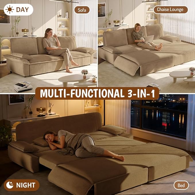94.5 Pull Out Couch King Size Futon Sofa Bed 3-in-1 Convertible Sleeper Sofa Bed with Cushion Armrest Modern Corduroy Loveseat Couches for Living Room Small Space Apartment Camel