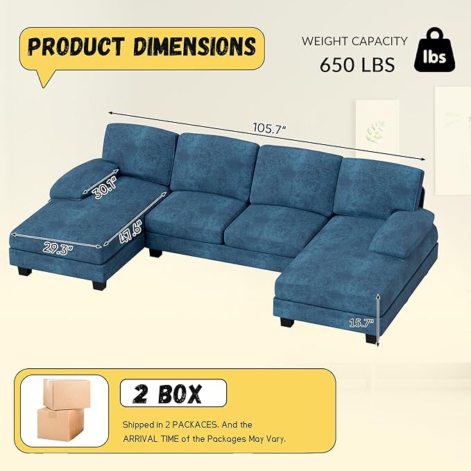 JUMMICO Sectional Couches for Living Room U Shaped Couch with Chenille Fabric 4 Seat Modern Sofa with Removable Pillows for Apartment and Small Space (Fabric Blue)