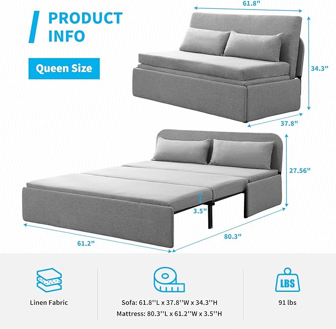 Mjkone 62 Width Pull Out Sleeper Sofa Bed Queen Size 2-in-1 Modern Convertible Linen Sofa Sleeper Pull Out Couch Bed with Cushions &amp Throw Pillows for Living Room Home Office Small Place Light