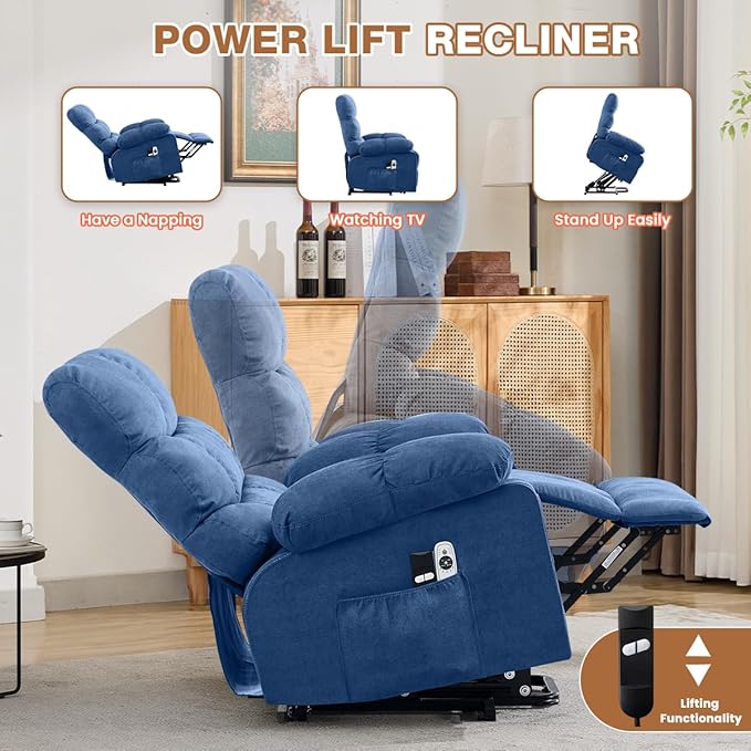 BOSMILLER Electric Power Lift Recliner Chair Sofa with Massage and Heat for ElderlyLift Chair with Side Pockets for Living Room
