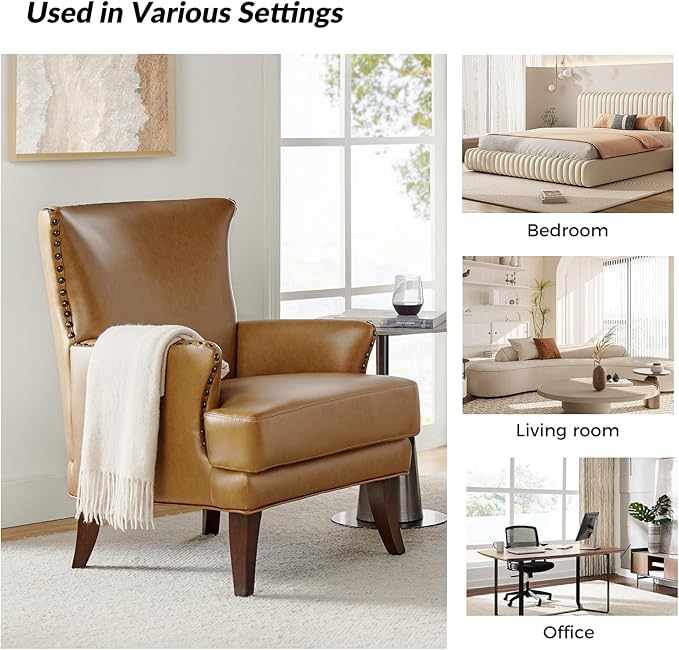 HULALA HOME Faux Leather Accent Chair for Living Room Mid-Century Modern Wingback Chair Single Comfy Sofa Chair with Arms Upholstered Reading Chairs for AdultsCamel