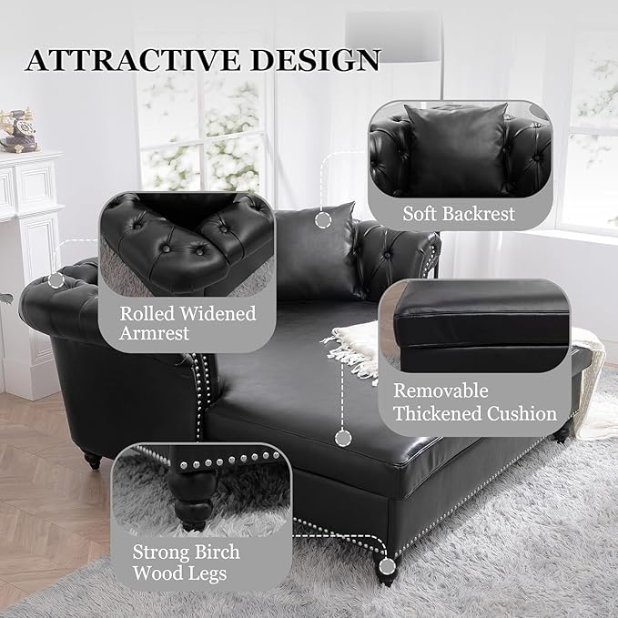 62.99 Chaise Lounge Indoor Comfy Reading Chair with 2 Pillows PU Leather Chesterfield Loveseat Sofa with Tufted Back &amp Rolled Arm Oversized Chaise Lounge Couch Indoor for Living Room Black