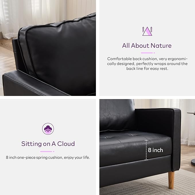 TYBOATLE Accent Chairs Set of 2 Black Leather Chair with Tufted Seat &amp Wood Legs Mid-Century Modern Living Room Chair Upholstered Comfy Reading Chair Armchair for Bedroom Waiting Room Office