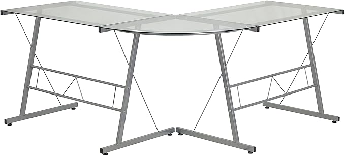 Flash Furniture Glass L-Shape Computer Desk with Silver Metal Frame