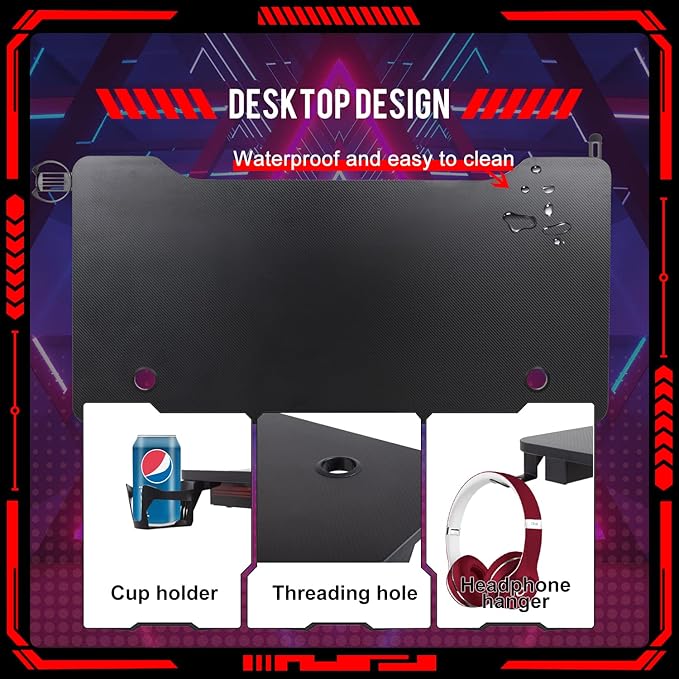 FDW Computer Desk Gaming Desk Student PC Desk Writing Desk Office Desk Modern Ergonomic Racing Style Table Workstation Carbon Fiber Headphone Hook (47in Red)