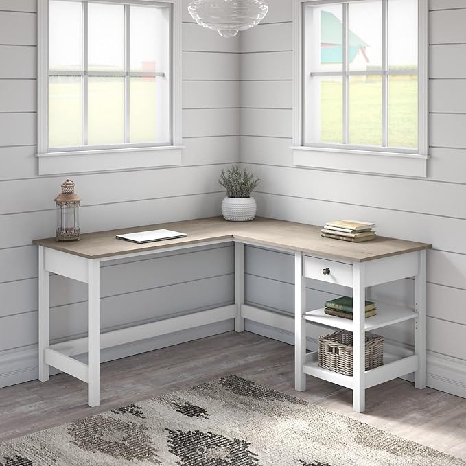 Bush Furniture Mayfield 60W L Shaped Computer Desk with Storage in Pure White and Shiplap Gray Table for Home Office Workspace