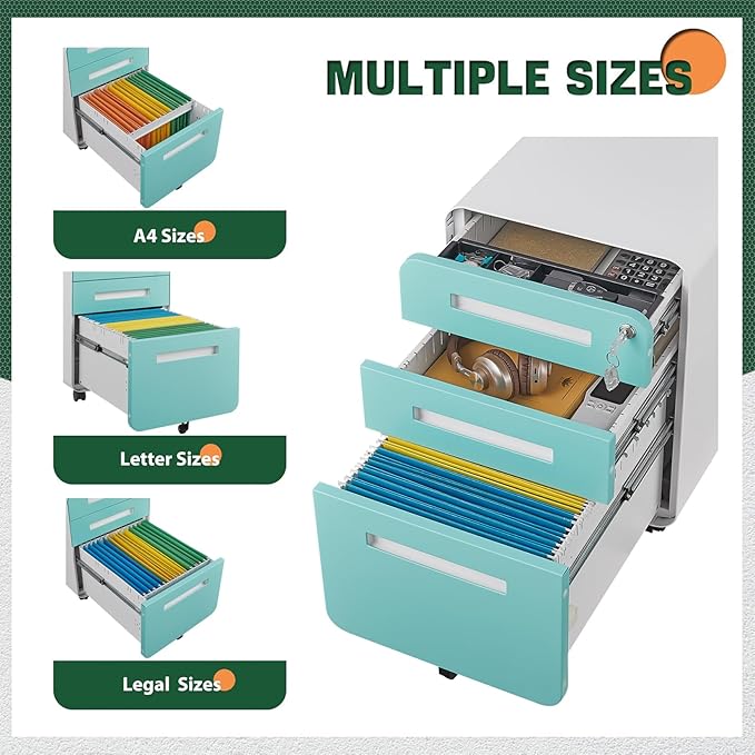 Metal Office Storage Cabinet with 3 Drawers Vertical Printer Cabinet for Office Supplies and File Storage Filing Organizer for Home Office 5 Wheel Design Green