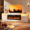 80'' TV Stand with Fireplace and Led Light-White Entertainment Center for 90 inch TV- TV Cabinet with Storage High Glossy Door Modern TV Console for Living Room