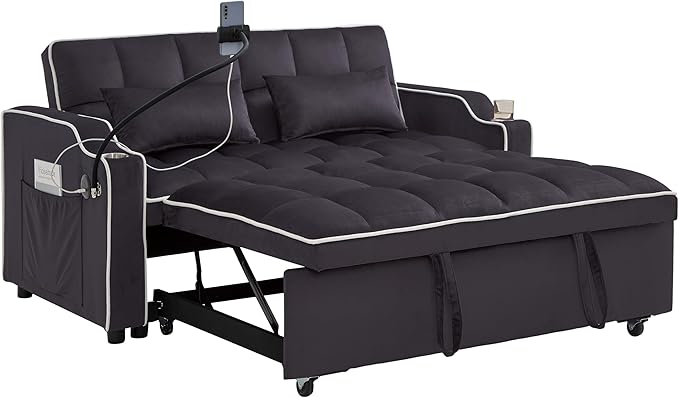 Loveseat Sofa Bed with USB Ports Phone Holder &amp Cup Holders | Convertible Futon Couch for Small Spaces Pull-Out Sleeper Sofa for Living Room &amp Apartments (Grey Double Seat)