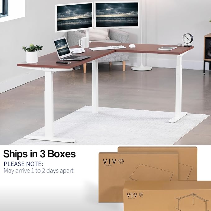 VIVO Electric 78 x 55 inch Square Corner Memory L Shaped Stand Up Desk Dark Walnut Table Top White Frame Corner Height Adjustable Workstation 3E-S Series DESK-KIT-3E5SWD