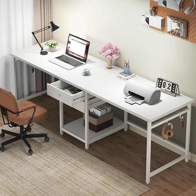 79 Inch White Two Person Desk with Drawers Extra Long Desk with Storage Shelves Double Home Office Desk with Hooks 2 Person Writing Study Table Workstation for Home Office