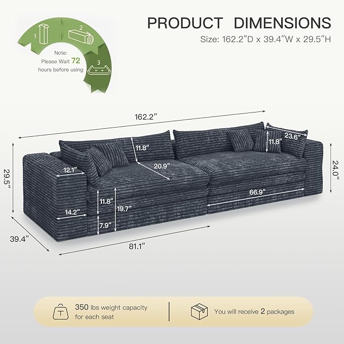 Belffin Plush Corduroy Boneless Cloud Couch with Deep Seat Convertible Sleeper Sofa Bed Cloud Boneless Sectional Couch No Assembly Required. Grey Sofa
