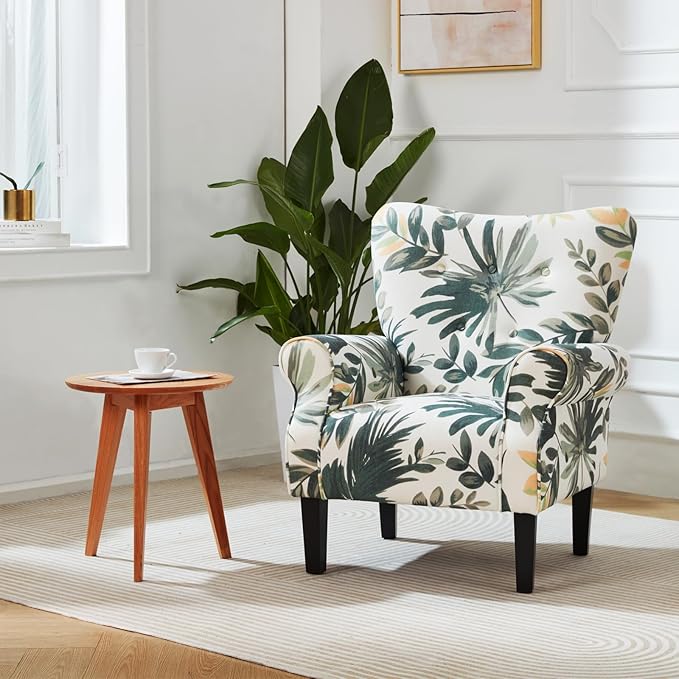 MELLCOM Mid Century Wingback Arm ChairModern Upholstered Fabric High Back Accent Chair with Wood LegsUpholstered Single Sofa Club Chair for Living Room Bedroom Home Office Green Leaves