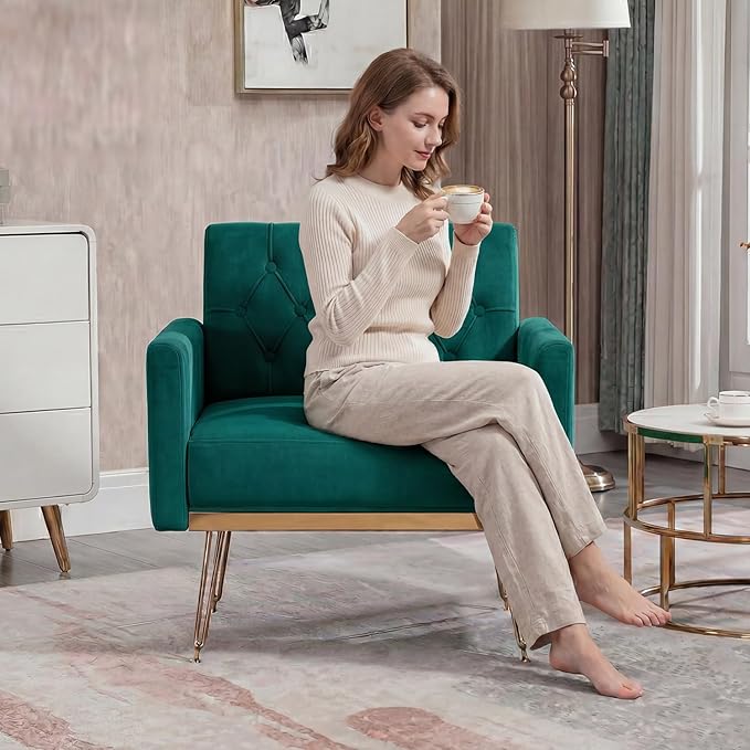 Olela Accent Chair with Arm for Living Room Velvet Modern Armchair Single Sofa Cozy Tufted Upholstered Reading Side Chairs with Gold Metal Leg for Bedroom Decorate