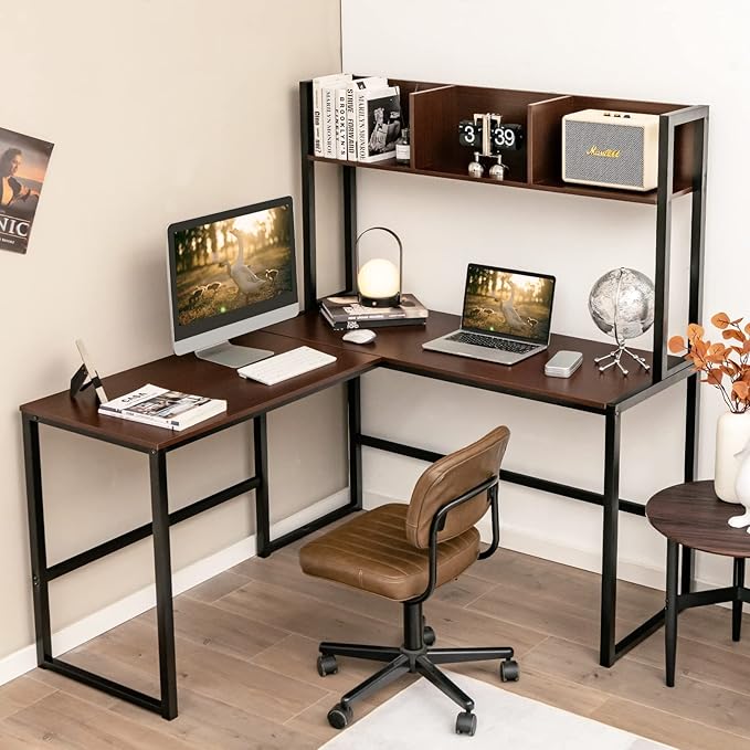 MEDIMALL L-Shaped Desk w/Storage Shelf Reversable Corner Desk Game Table w/Sturdy Metal Frame Multifunctional Computer Desk for Home Office (Teak)