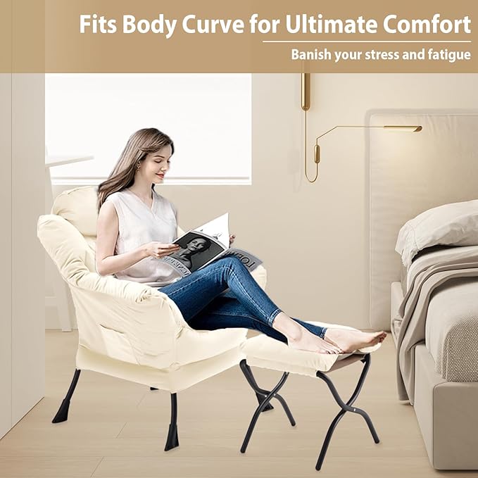 Lazy Chair with Folding Ottoman Accent Chair Velvet Upholstered with Metal Structure and Non-Slip Pads Sofa Armchair with Footrest and Side Storage Bag for Dorm Room Office Beige