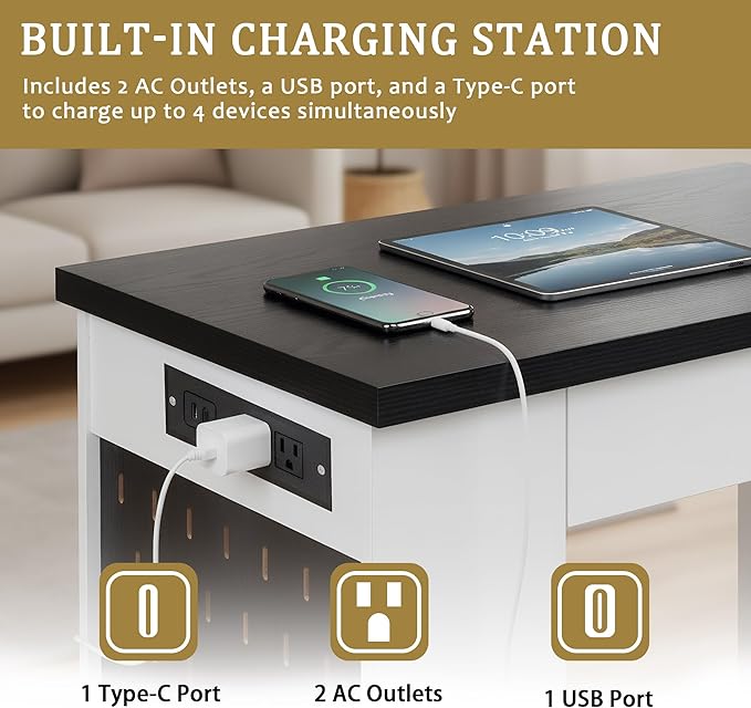 RiteSune 55 Office Desk with USB Charging Fluted Computer Desk with Pegboard Convertible Keyboard Tray &amp Adjustable Storage Cabinet Modern Home Office Desk