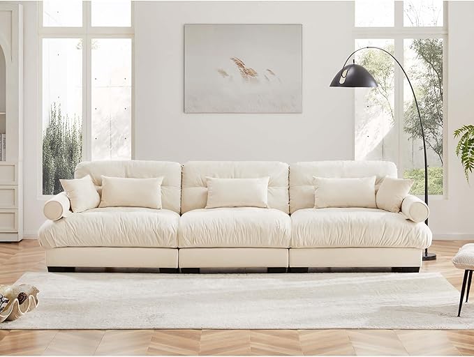 KEIKI 130 Oversized Velvet Modular Sectional Sofa with High-Density Foam Cushion and Bolstered Armrests Upholstered Modern Style 3-Seater Cloud Couch with 5 Pillow for Apartment Living Room Cream