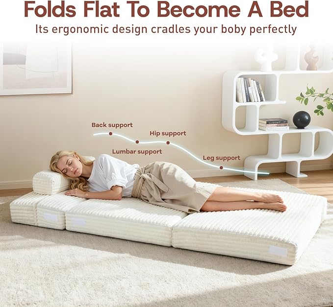 Folding Sofa BedConvertible Sofa Bed with Armrest Foldable Sleeper Chair Portable Folding 4-in-1 Floor Sofa with Convertible Lounge Chair for Living RoomBedroomWashable CoverWhite Single