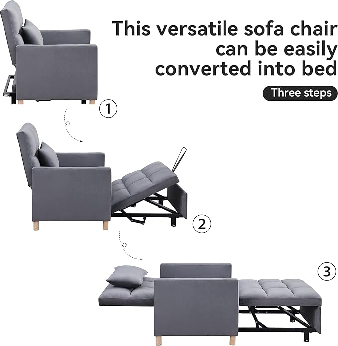 Sleeper Sofa Bed 3-in-1 Convertible Chair Bed Multi-Functional Sleeper Chair Soft Teddy Fabric for Living Room Apartment Office (Grey-Velvet)