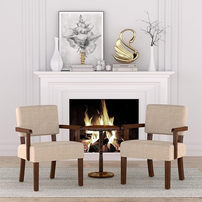 Accent ChairArmchairs with Solid Wood Frame and LegsUpholstered Reading Leisure Chair for BedroomOfficeWaiting Room (Linen Beige One Chair)